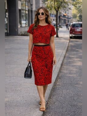 Express Red Leopard Cropped Top and Skirt, Midi